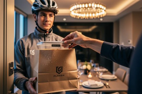 A diner’s hand opens an upscale food delivery bag at a front door while a delivery rider holds it, representing pay-at-door fine dining trust and inspection.