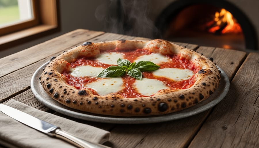Front view of a classic minimalist Italian pizza with tomato sauce and mozzarella on a ceramic board