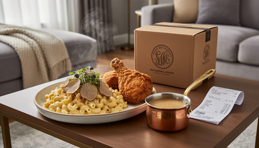 Elevated comfort food such as truffle mac and cheese and crispy fried chicken in a delivery container