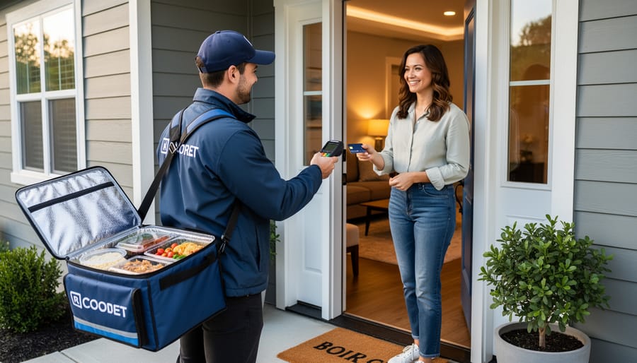 A courier handing a sealed premium food order to a recipient at the front door in warm evening light.