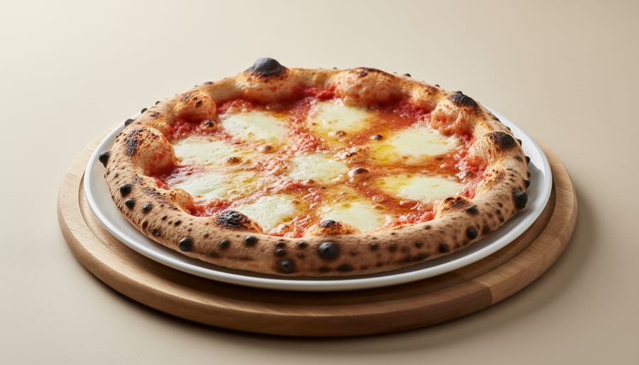 Minimalist pizza centerpiece on a table with a few fresh ingredients in soft focus around it