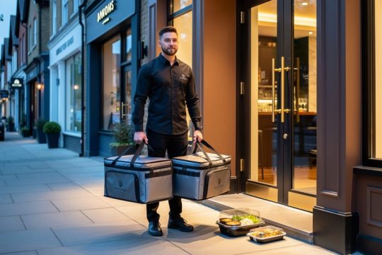 Delivery courier holding insulated thermal bags delivering covered restaurant meals to a doorstep outside a Surrey restaurant setting.