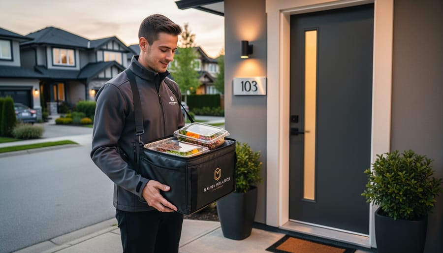 Courier handing an insulated delivery bag to a homeowner at a modern doorstep
