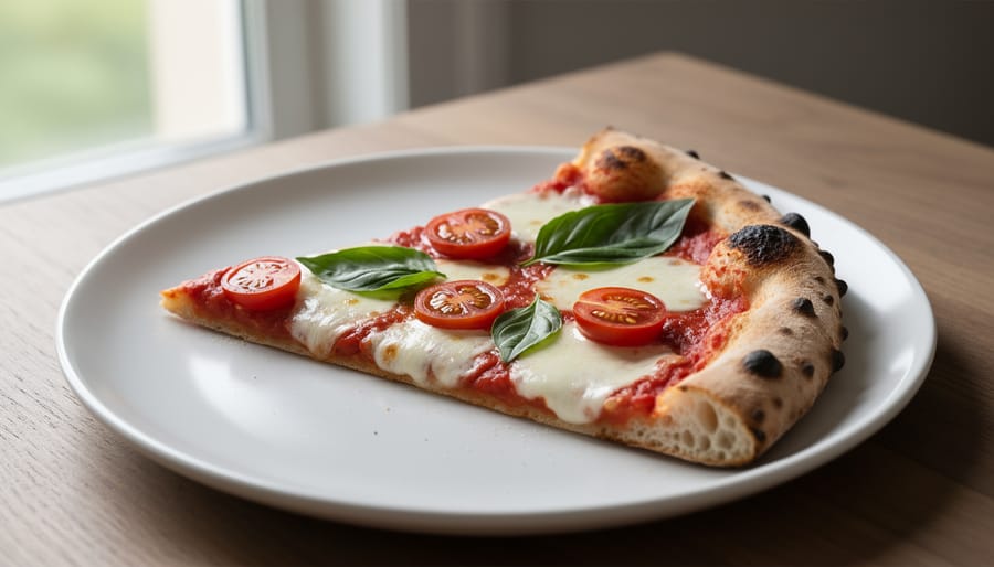 Eye-level view of a slice from a minimalist yet artful pizza with chili base and melted three-cheese
