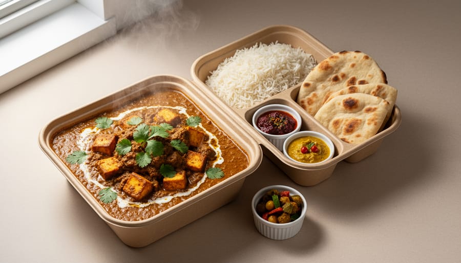 Upscale Indian curry and naan arranged in an elegant takeout-style presentation
